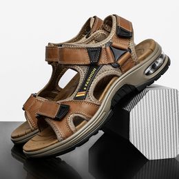 Summer Slippers Leather Men's Brand Genuine Gladiator Men Beach Sandals Soft Comfortable Outdoors Wading Shoes 3846 230509 384