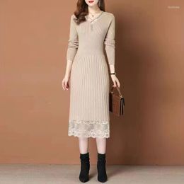 Casual Dresses 2023 Autumn Winter Long Knee-length Knitted Dress Women's Fashion Slim Half Turtleneck Bottoming Lace Sweater Female