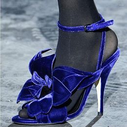 Sandals Royal Blue Velvet Flower Female Ankle Wrap Thin Heels Women Cutouts Open Toe Celebrating Party Shoes