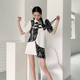 Work Dresses 2023 Summer Chinese Style Two Piece Ladies Vintage Buckle Stitching Contrast Jacquard Shirt Tops Chic Asymmetrical Skirts Suits