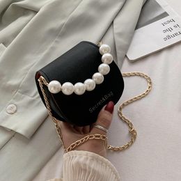 Evening Bags Korean Style Pearl Women Shoulder Solid Colour PU Leather Hap Versatile Crossbody Bag Female Casual Chain Saddle Handbag