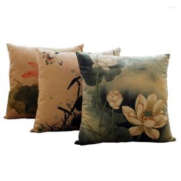 Pillow 450 450MM Chinese Style Retro Cotton And Linen Core Ink Painting Lotus Sofa Back Pillowcase