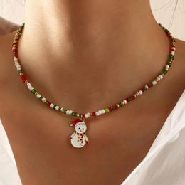 Chains Charm Enamel Christmas Necklace For Women Men Merry Snowman Pendant Acrylic Beads Chain Jewelry Gift