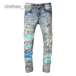 designer jeans Men's Jean Amirres Denim Mens Pants 814 High Street Fashion Jeans Youth Technology Hole Patch Coloured Thread Elastic Slim Fit JCJJ