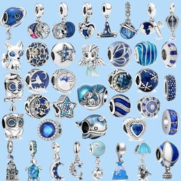 925 sterling silver charms for pandora Jewellery beads New Blue Series Angel Mermaid Stars Moon Pendant Suitable