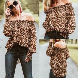 Women's Blouses Shirts Fashion Leopard Print Blouse Puff Long Sleeve Off Shoulder Loose Womens Tops And Summer Casual Shirt S-XL 230510