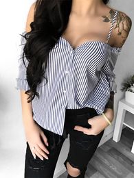 Shirt Sexy Stripe Blouse Women Autumn Long Sleeved Shirts Tops Fashion Off Shoulder Button Blouses Strapless Slash Neck Blouse Clothes