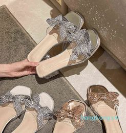 Slipper 4.5 Cm Rhinestone Bow Women Summer Crystal Thick Heel Flip Flop Middle Female Sandal