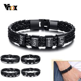 Vnox Personalise Family Name Bracelets for Men Black Layered Braided Leather with Stainless Steel Charms Custom Christmas Gift