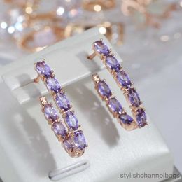 Stud Luxury Full Claw Oval Purple Zircon Metal Earrings Rose Gold Ear Drop Statement Jewellery Women Party Wedding