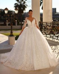 Ball Gown Wedding Dresses Deep V Neck Long Sleeves Sequins Appliques Beaded Floor Length Ruffles 3D Lace Flowers Zipper Bridal Gowns Plus Size Vestido de novia