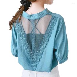 Women's Polos Back Lace Stitching Shirt Women's Short-Sleeved 2023 Summer V-Neck Loose Cautiously Machine Mesh Sexy Blouse Hollow Femme