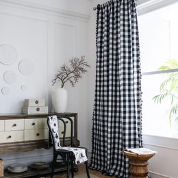 Curtain Nordic Black White Plaid Check Window Sheer Curtains With Tassels For Living Room Kitchen Modern Bedroom Treatments