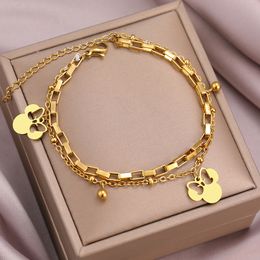 Stainless Steel Bracelets Cute Cartoon Anime Bow Mouse Pendant Bells Beads Layer Chain Bracelet For Women Jewellery Party Gifts