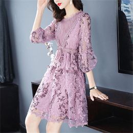 Casual Dresses Women High-end Dress 2023 Spring Belly Cover Mother Female Lace Embroidery Age-Reducing Floral A1240