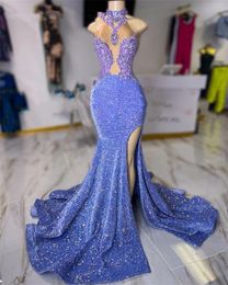 Sequins Neck Lilac High Long Prom Dress for Black Girls 2023 Appliques Birthday Party Dresses Sequined Evening Gowns Mermaid Robe De es
