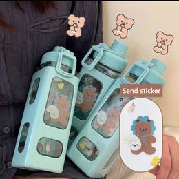 New Bear Water Bottle With Straw Kawaii Plastic Cups Juice Milk Gym Water Bottle For Children Cute Shaker Bottle Square Drinking Mug