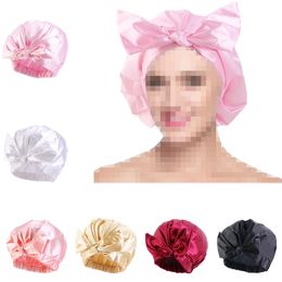 Bowknot Stain Turban Night Sleeping Cap Solid Hair Care Bonnet with Head Tie Elastic Band for Women Make Up Hat Hair Beauty Tool
