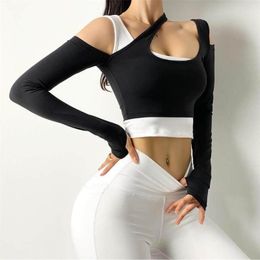 Active Shirts Women Off Shoulder Long Sleeve Sports Shirt Quick Dry Yoga Gym Crop Top Blue Black Fitness Female