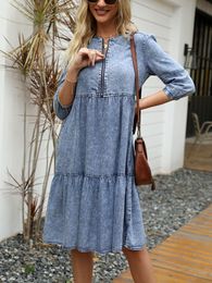 Casual Dresses Black Dress Women Spring Summer Imitation Denim Vintage Dress Solid Female Fashion Casual Blue Dress Knee-Length O-Neck Clothes 230511