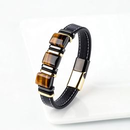 New Vintage Jewellery Long Square 100% Natural Tiger Eye 8 Circle Stainless Steel Leather Rope Charm Fashion Men's Bracelet