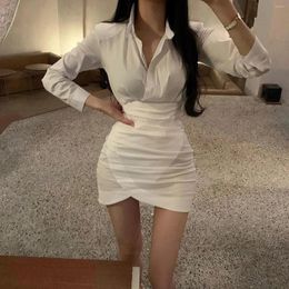 Casual Dresses Fashion Polo Neck Thin Femininity Socialite Temperament Pleated Bag Buttock Solid Color Dress