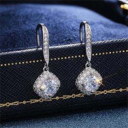 Trendy Luxury Silver Colour Square Drop Earring Wedding Bridal Accessories Shine Zircon Stone Elegant Women Jewellery GC2114