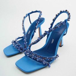 Sandals New Summer Womens Shoes Sandals Blue Green Beaded High Heels Luxury Gemstone Heel 230417