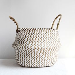 Storage Baskets Home Cestas Mimbre Striped Wicker Laundry Basket Handmade Collapsible Straw Patchwork Seagrass Osier Panier 230510