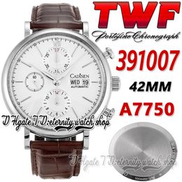 TWF 42MM Mens Watch tw391007 Cal.79320 A7750 Chronograph Automatic White Dial Stick Markers Steel Case Brown Leather Strap Super Edition Strap Stopwatch Watches