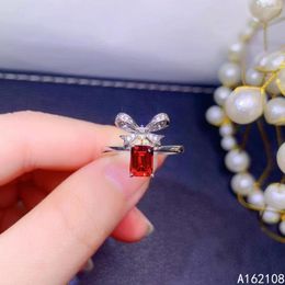 Cluster Rings Fine Jewelry 925 Sterling Silver Inset With Natural Gems Women&#39;s Lovely Bowknot Red Garnet Adjustable Ring Support