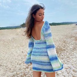 Casual Dresses Tie Dye Mini Knitted Sweater Women Long Sleeve Summer Outfits Sexy Backless Beach Bodycon Fashion Y2k mujer 230511