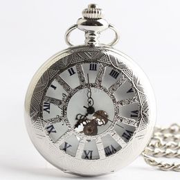 Pocket Watches High Quality Silver Hollowed Wheel Mechanical Watch Roman Dial Skeleton Men's WholesalePocket