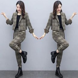 Women's Two Piece Pants Single Piece/Suit Fashion Suit Female 2023 Autumn Western Style Plaid Harem Blazer Tooling Two-Piece Sets Women