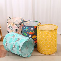 Storage Baskets Cotton Linen Dirty Laundry Basket Foldable Round Waterproof Organiser Bucket Clothing Children Toy Large Capacity Home 230510