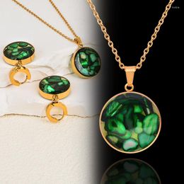 Pendant Necklaces SINLEERY Stainless Steel Green Natural Stones Inside Round Necklace For Women Gold Colour Chain Fashion Jewellery SSB