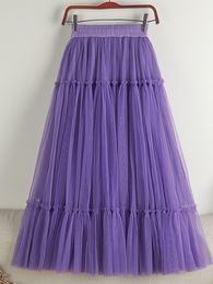 Skirts TIGENA Women Tutu Tulle Long Skirt Spring Summer Korean Elegant Solid A Line High Waist Pleated Maxi Skirt Female Purple 230511
