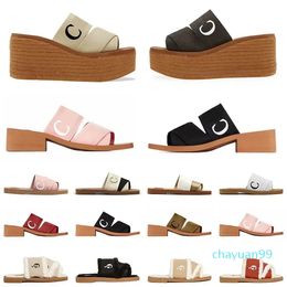 Designer -Sliper for women woody sandals designer famous Mules flat slides beige white black pink lace Lettering Fabric canvas slippers womens summer outdoor shoes