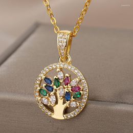 Chains Stainless Steel Necklaces For Women Tree Of Life Round Pendant Necklace Crystal Rhinestone Collar Jewelry Gift Bijoux Femme 2023