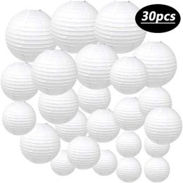 Other Event Party Supplies 30pcs White Paper Lantern Ball Hanging Round Handmade Lanterns For Wedding Birthday Holiday Decorations Foldable 230510