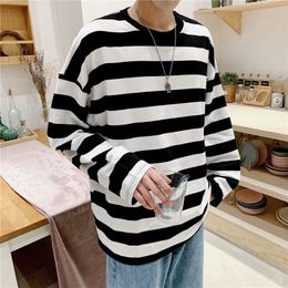 Men's Polos EBAIHUI Striped Long Sleeve T-Shirt Men's Korean Style Contrast Striped Crewneck Top Loose Casual Sweatshirt Youth Fashion 230511