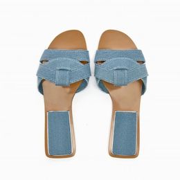 Sandals TRAF Blue Denim Flats For Women Casual Squared Toe Outdoor Slippers Female Elegant Slides Comfort Beach Sandal 230510