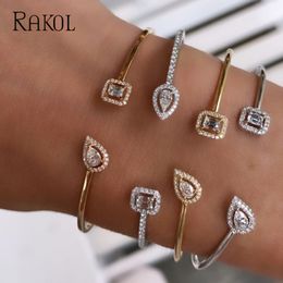 RAKOL White Cubic Zirconia Adjustable Open Bracelet Cuff Bangles for Women Luxury Wedding Jewelry Anniversary Gifts