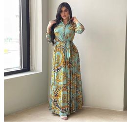 Basic Casual Dresses Ethnic Clothing Fashion French Elegant Maxi Dresses for Women Retro Print Muslim Dubai Abaya Lapel Singlebreasted Long Sleeve Shirt Dres JZTI