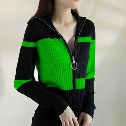 Women's Knits Fashion Knitted Jacket Female 2023 Autumn Striped Slim Caot Simple Contrast Colour All-Match Zipper Cardigan Women Blousers 756