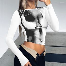 Women's T Shirts Fashion Round Neck Plunging Neckline Sexy Girls Long Sleeve T-Shirt Trendy 3D Body Print Tops Women