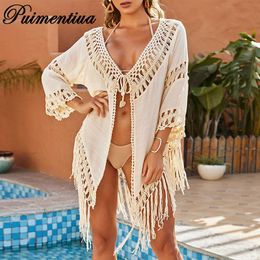 Cover-up Bohemian Fringe Beach CoverUp White Bikini Long Cardigan Crochet Hollow Out Sexy Kimono Swimwear Holiday Outing New