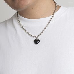 Chains Vintage Black Heart Pendant Necklace For Women Men Punk Hip Hop Silver Colour Bead Chain Grunge Y2K Aesthetic Jewellery