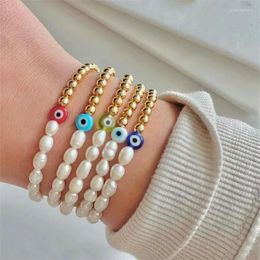 Link Bracelets 5pcs/lot Colorful Evild Eye Glazed Glass Bead Bracelet Freshwater Pearl Copper Handcraft Jewelry Wholesale