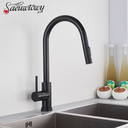 Kitchen Faucets Matte Black Pull Out Sink Single Handle 360 Degree Rotating Mixer Tap 230510